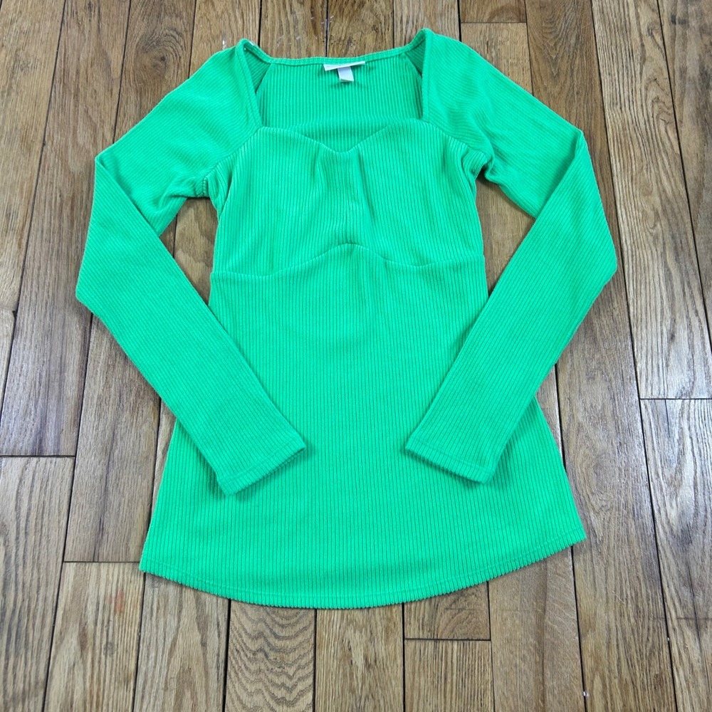 NEW Ingrid Isabel Ribbed Bella Swan Square Neck Long Sleeve Top Bright Green S‎